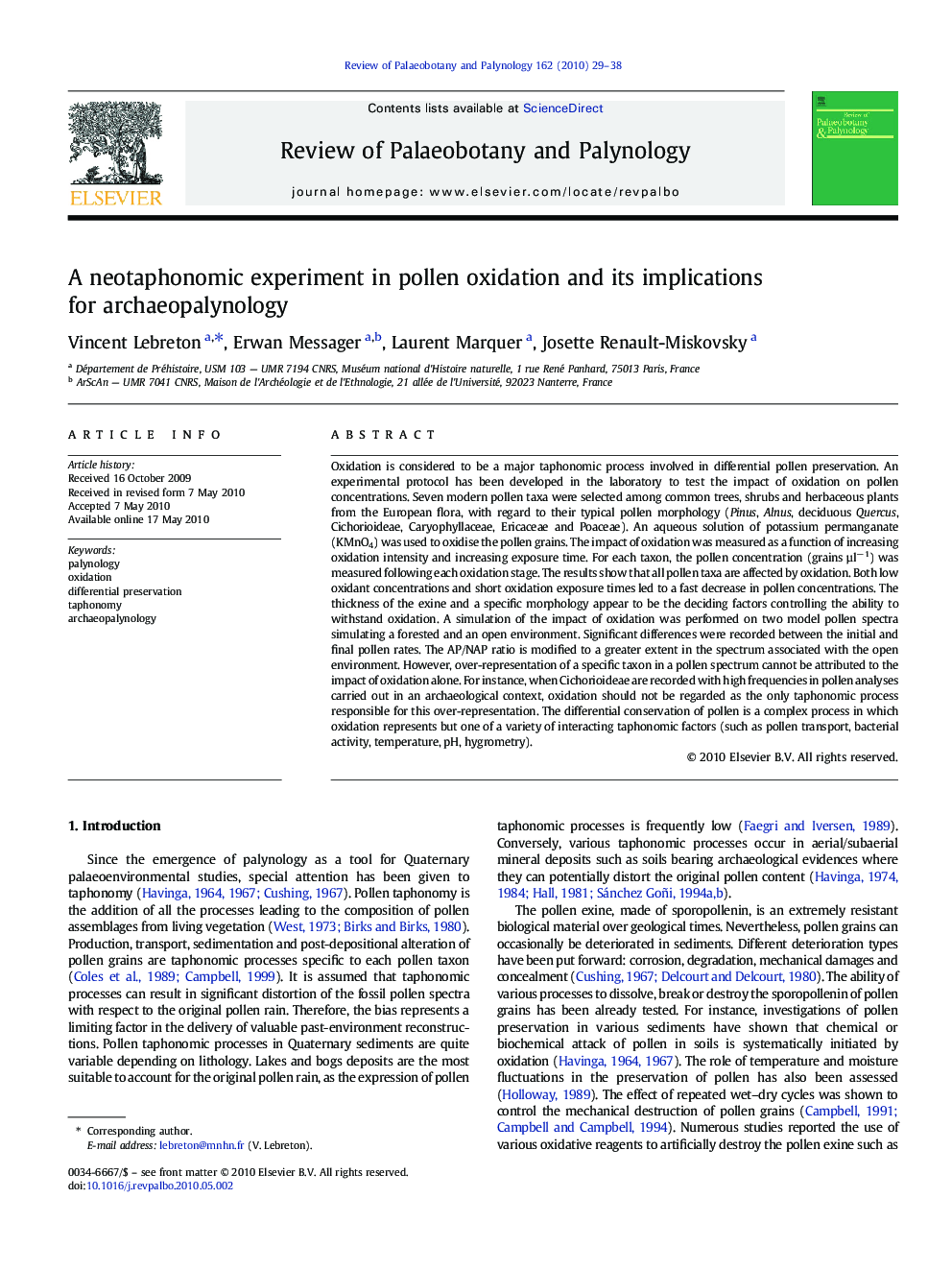 A neotaphonomic experiment in pollen oxidation and its implications for archaeopalynology