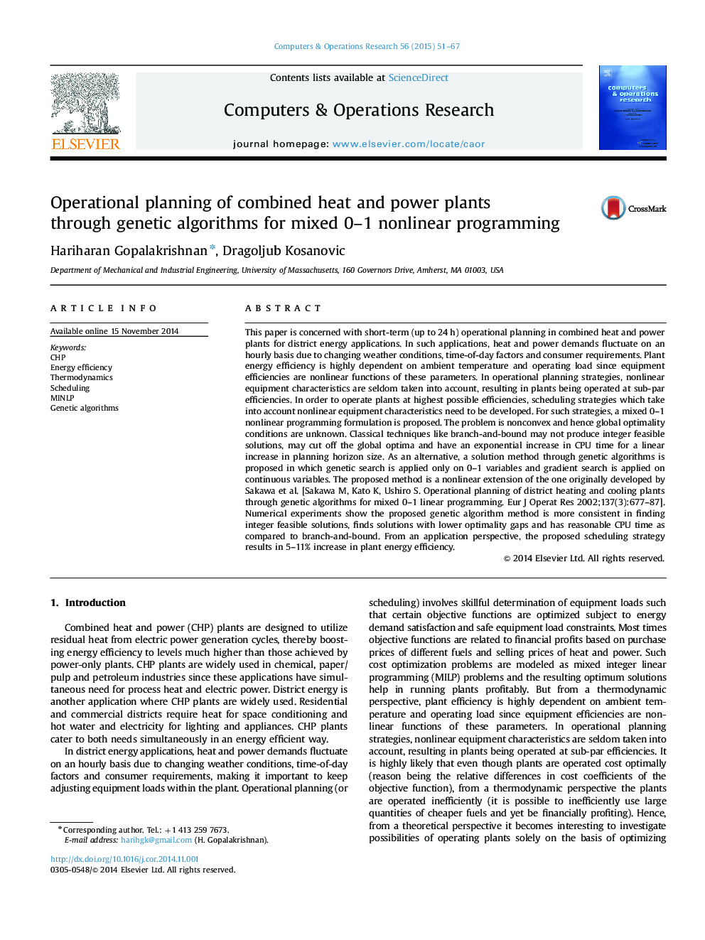 Operational planning of combined heat and power plants through genetic algorithms for mixed 0–1 nonlinear programming