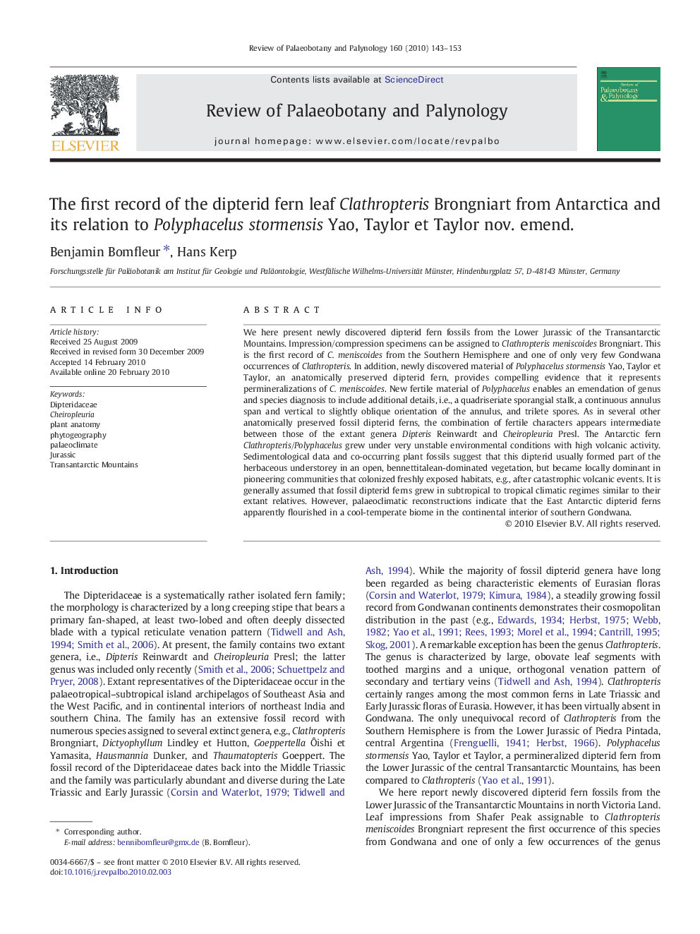 The first record of the dipterid fern leaf Clathropteris Brongniart from Antarctica and its relation to Polyphacelus stormensis Yao, Taylor et Taylor nov. emend.