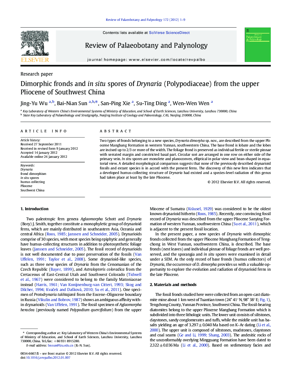 Dimorphic fronds and in situ spores of Drynaria (Polypodiaceae) from the upper Pliocene of Southwest China