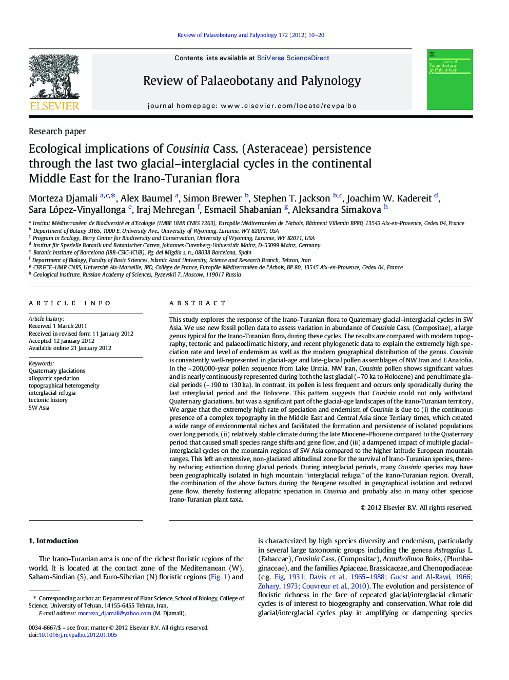 Ecological implications of Cousinia Cass. (Asteraceae) persistence through the last two glacial–interglacial cycles in the continental Middle East for the Irano-Turanian flora