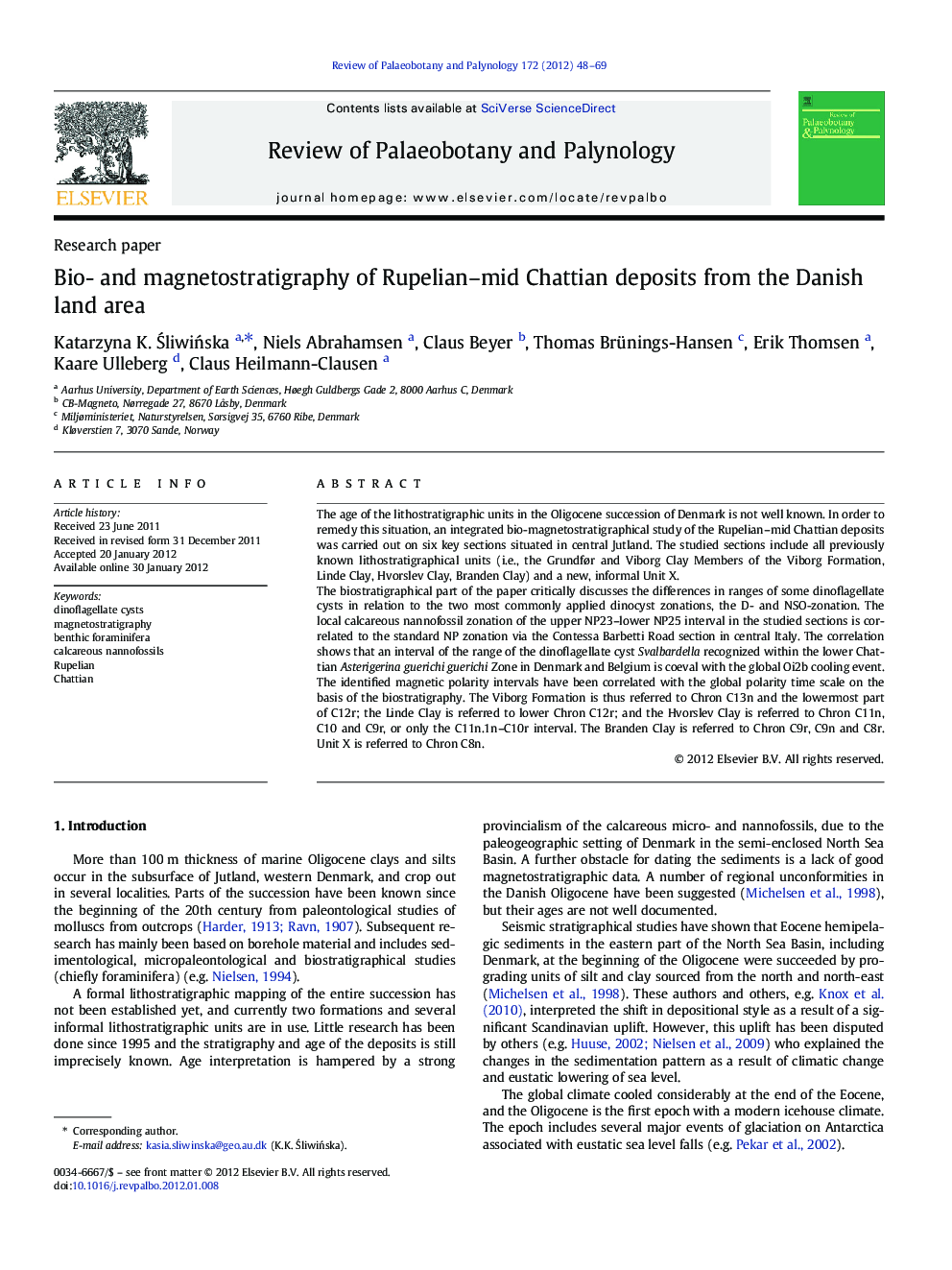 Bio- and magnetostratigraphy of Rupelian–mid Chattian deposits from the Danish land area