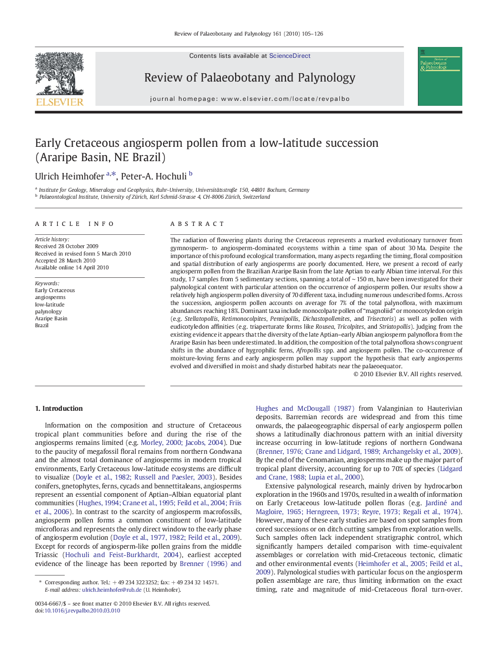 Early Cretaceous angiosperm pollen from a low-latitude succession (Araripe Basin, NE Brazil)