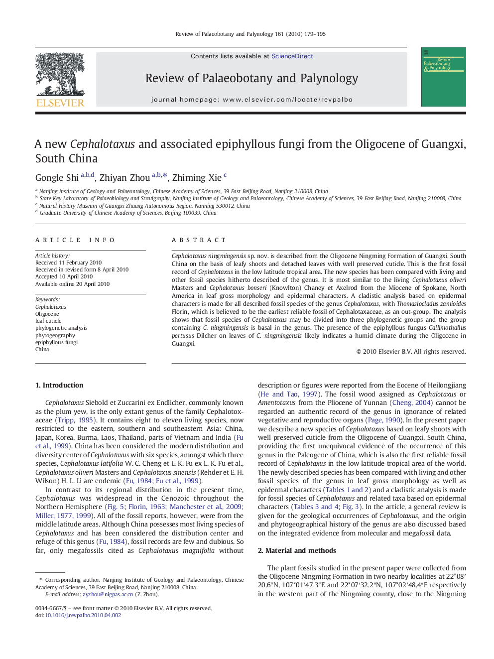 A new Cephalotaxus and associated epiphyllous fungi from the Oligocene of Guangxi, South China