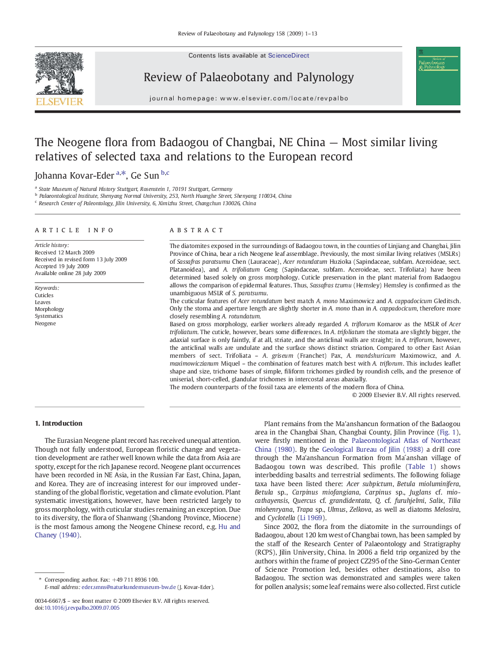 The Neogene flora from Badaogou of Changbai, NE China — Most similar living relatives of selected taxa and relations to the European record