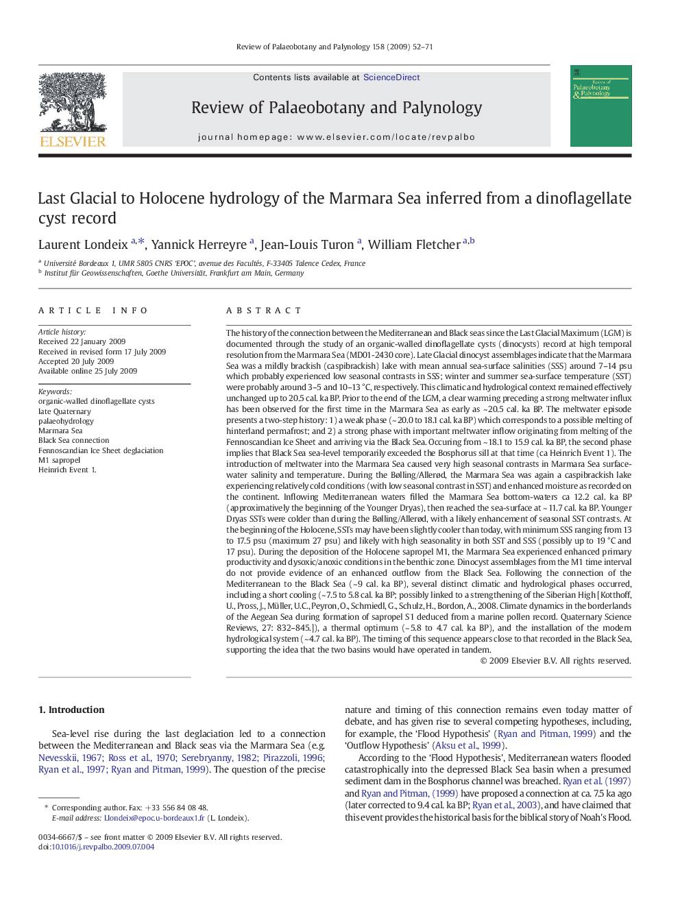 Last Glacial to Holocene hydrology of the Marmara Sea inferred from a dinoflagellate cyst record