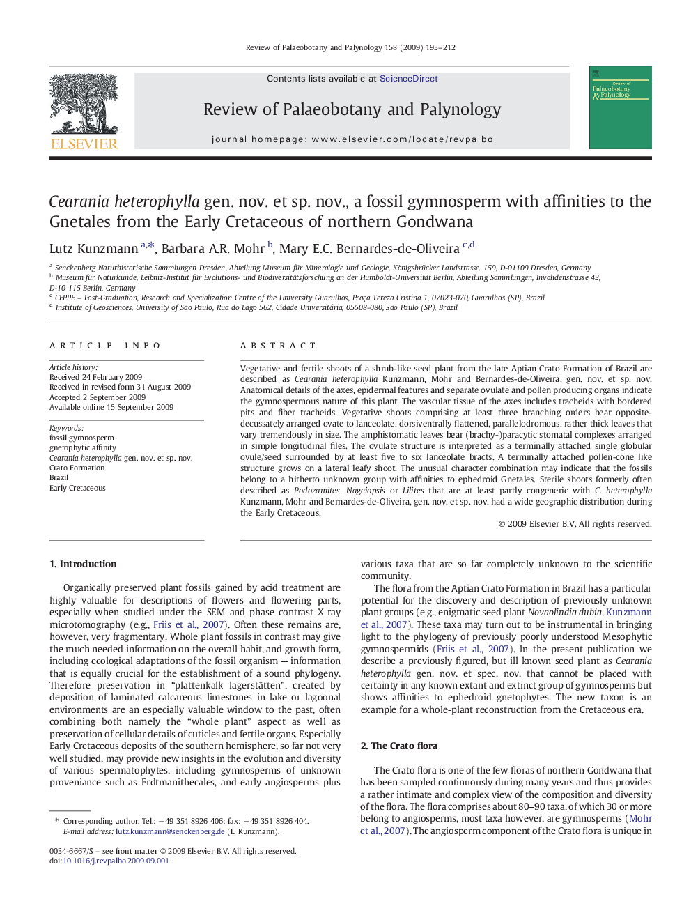 Cearania heterophylla gen. nov. et sp. nov., a fossil gymnosperm with affinities to the Gnetales from the Early Cretaceous of northern Gondwana