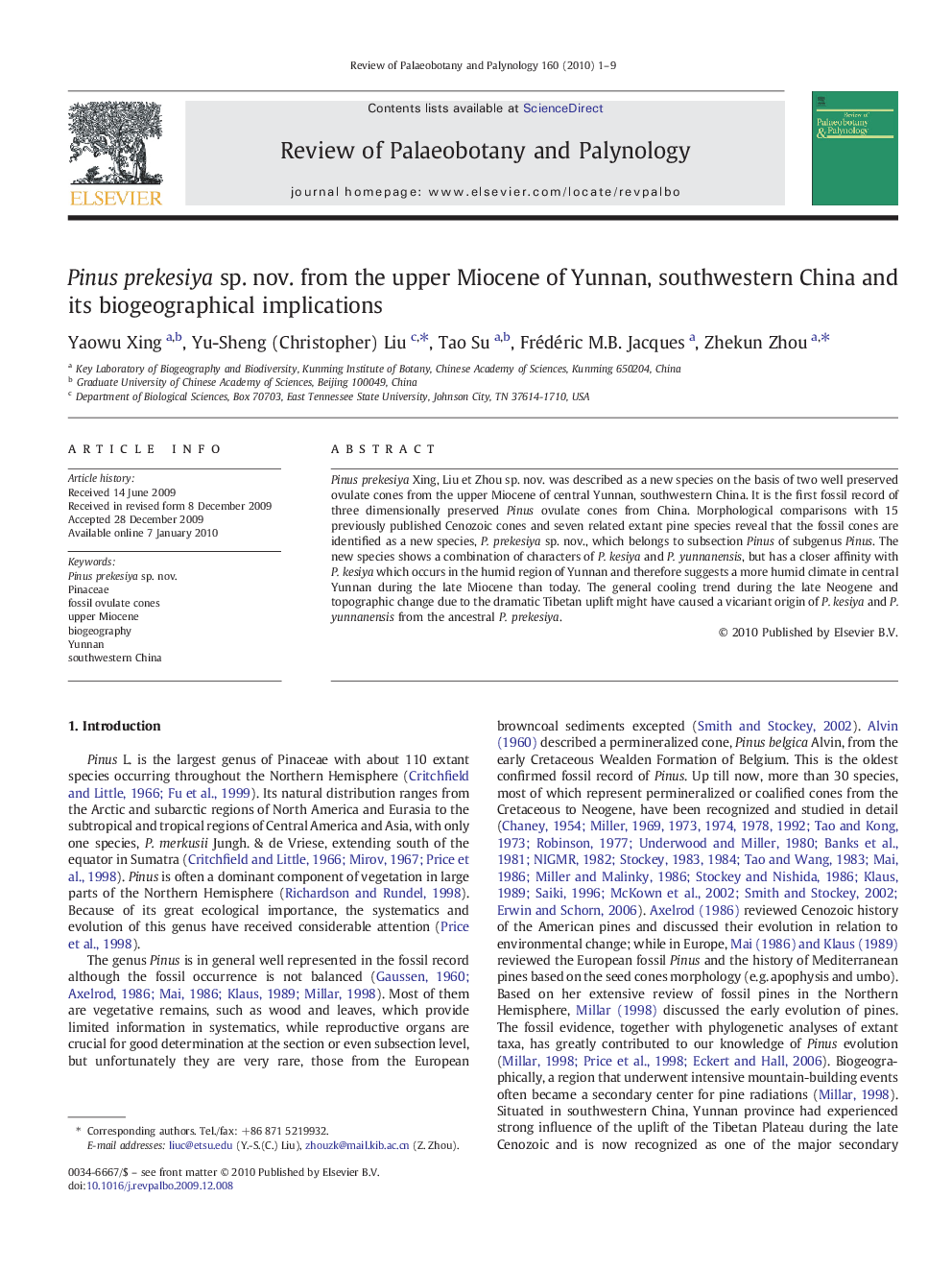 Pinus prekesiya sp. nov. from the upper Miocene of Yunnan, southwestern China and its biogeographical implications