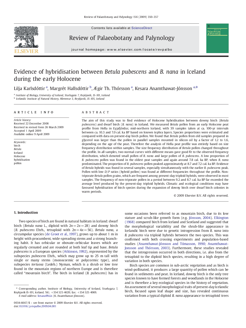 Evidence of hybridisation between Betula pubescens and B. nana in Iceland during the early Holocene