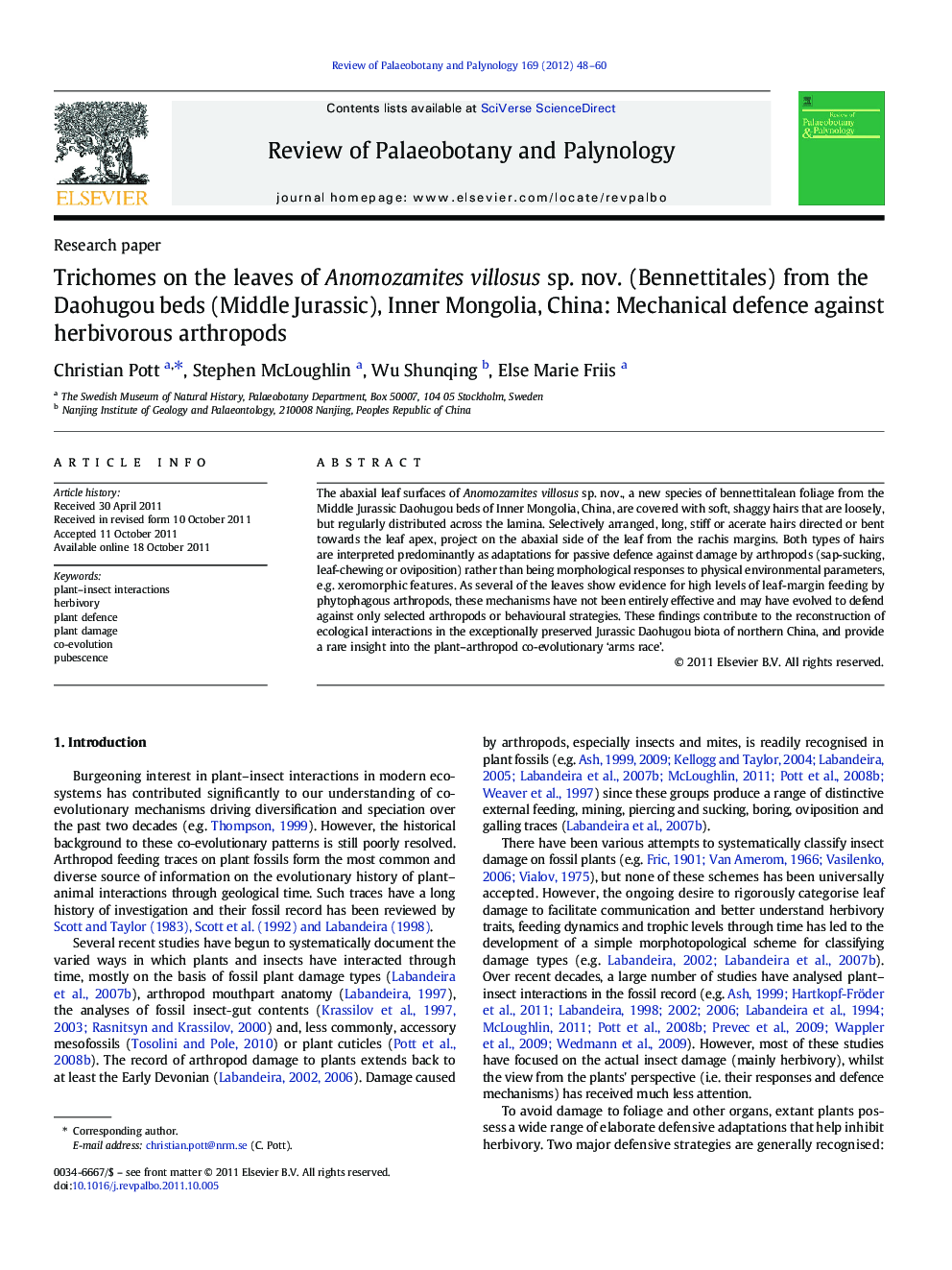 Trichomes on the leaves of Anomozamites villosus sp. nov. (Bennettitales) from the Daohugou beds (Middle Jurassic), Inner Mongolia, China: Mechanical defence against herbivorous arthropods