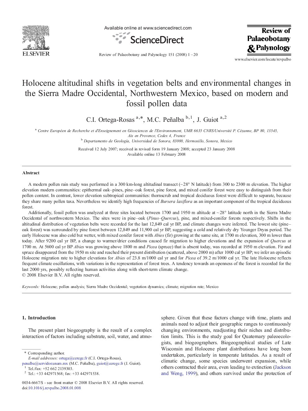 Holocene altitudinal shifts in vegetation belts and environmental changes in the Sierra Madre Occidental, Northwestern Mexico, based on modern and fossil pollen data