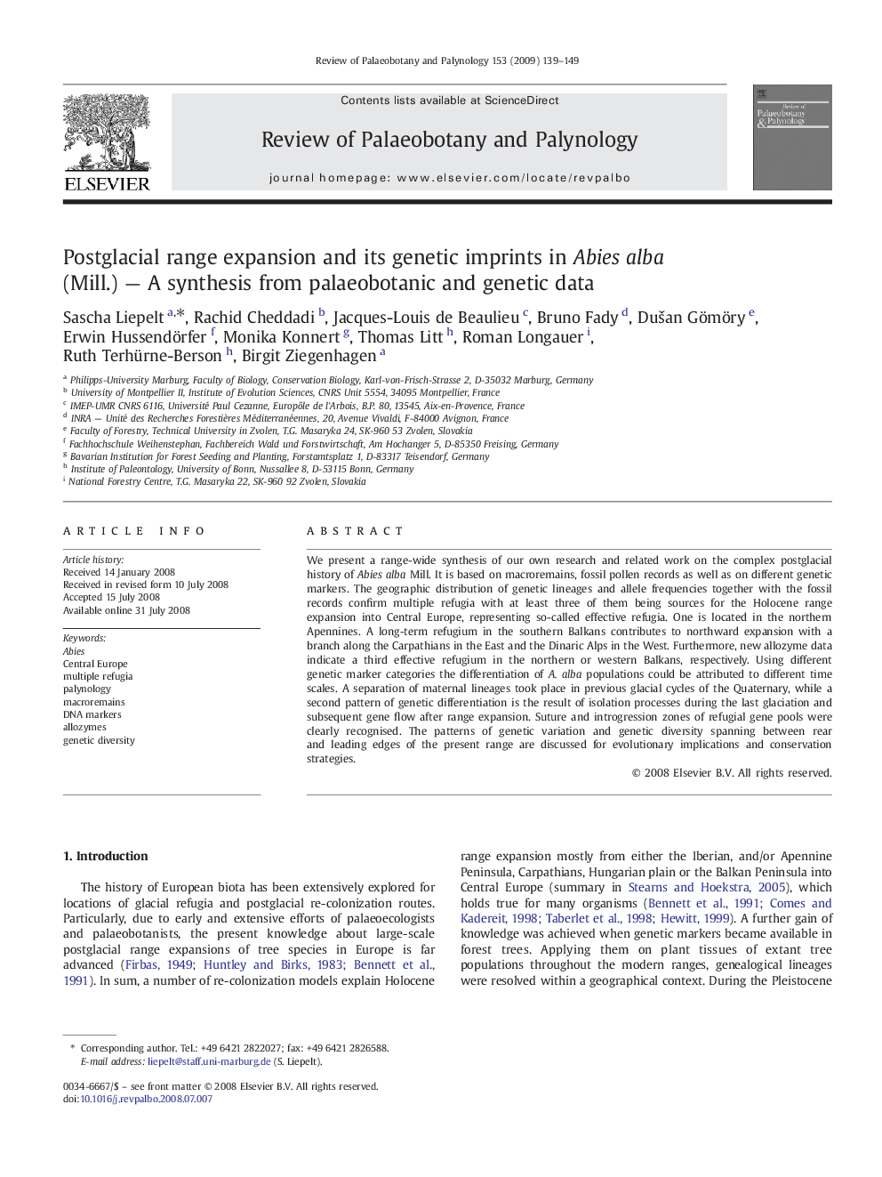 Postglacial range expansion and its genetic imprints in Abies alba (Mill.) — A synthesis from palaeobotanic and genetic data