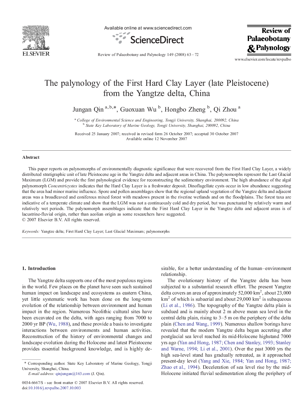 The palynology of the First Hard Clay Layer (late Pleistocene) from the Yangtze delta, China