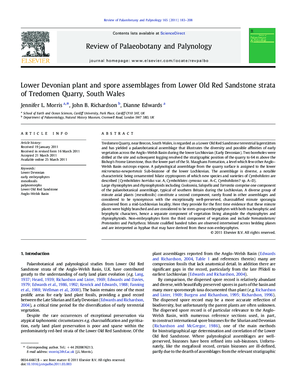 Lower Devonian plant and spore assemblages from Lower Old Red Sandstone strata of Tredomen Quarry, South Wales