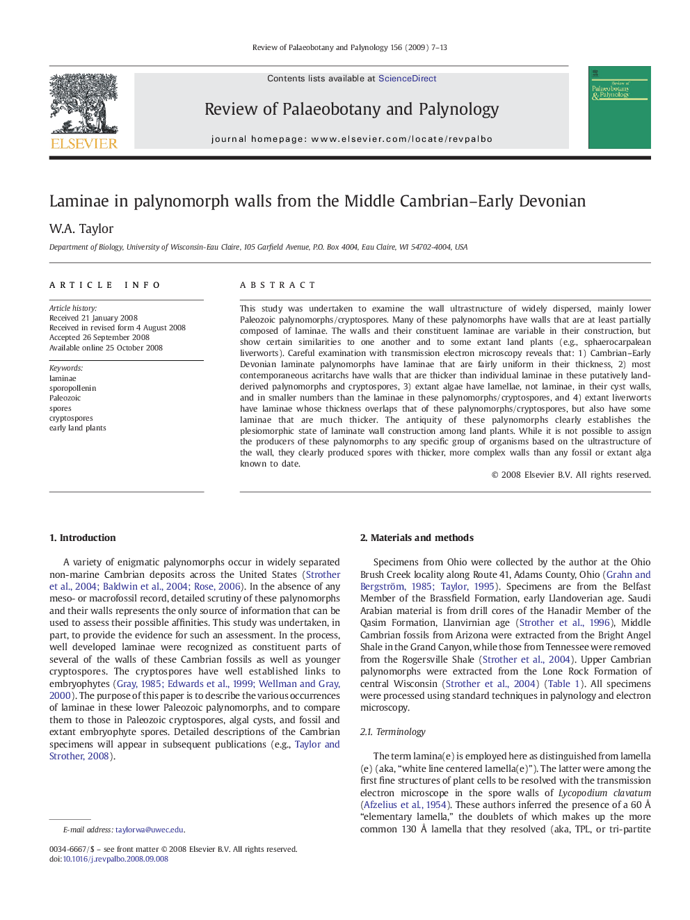 Laminae in palynomorph walls from the Middle Cambrian–Early Devonian