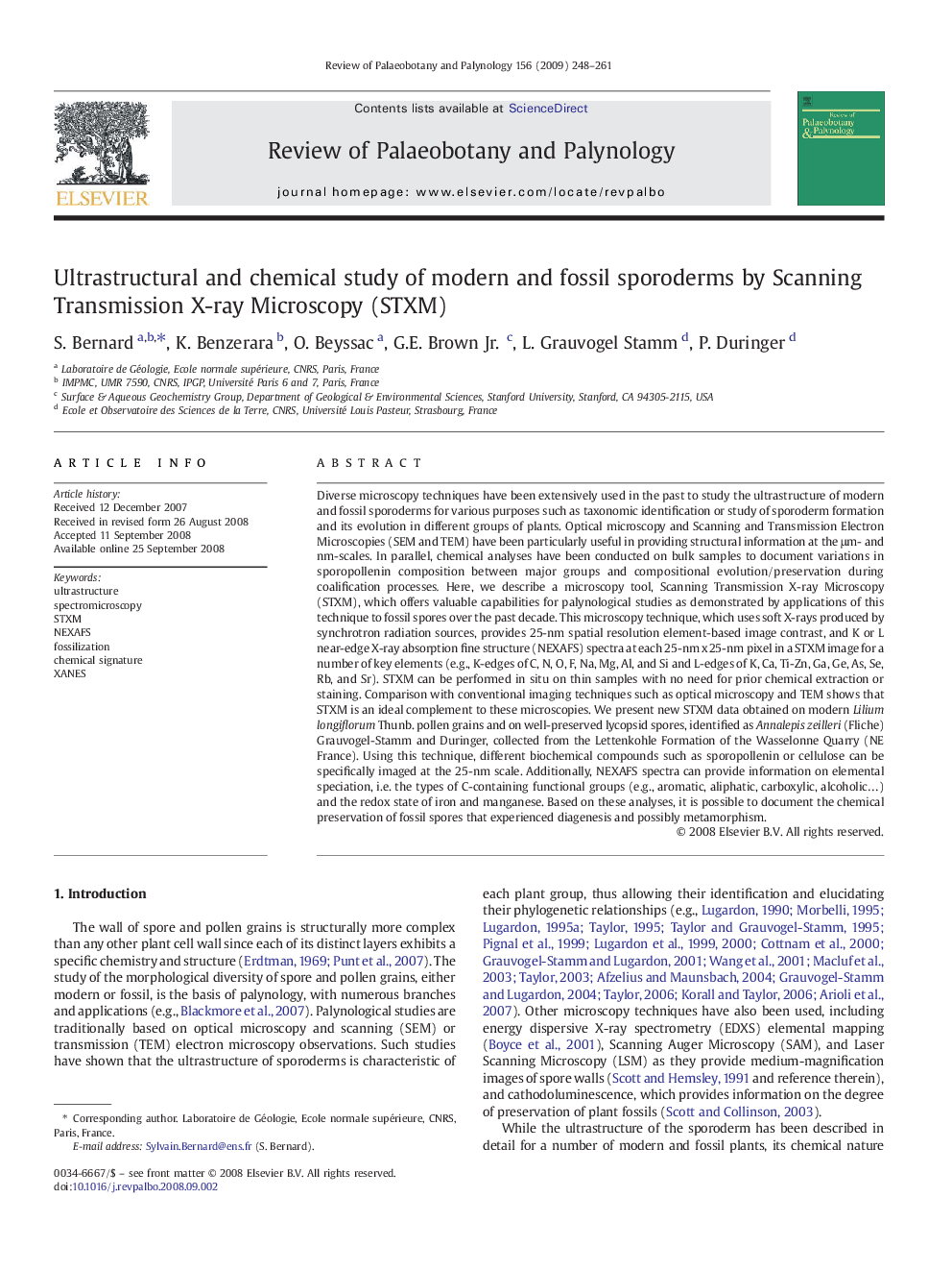 Ultrastructural and chemical study of modern and fossil sporoderms by Scanning Transmission X-ray Microscopy (STXM)