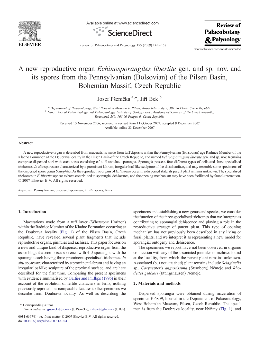 A new reproductive organ Echinosporangites libertite gen. and sp. nov. and its spores from the Pennsylvanian (Bolsovian) of the Pilsen Basin, Bohemian Massif, Czech Republic