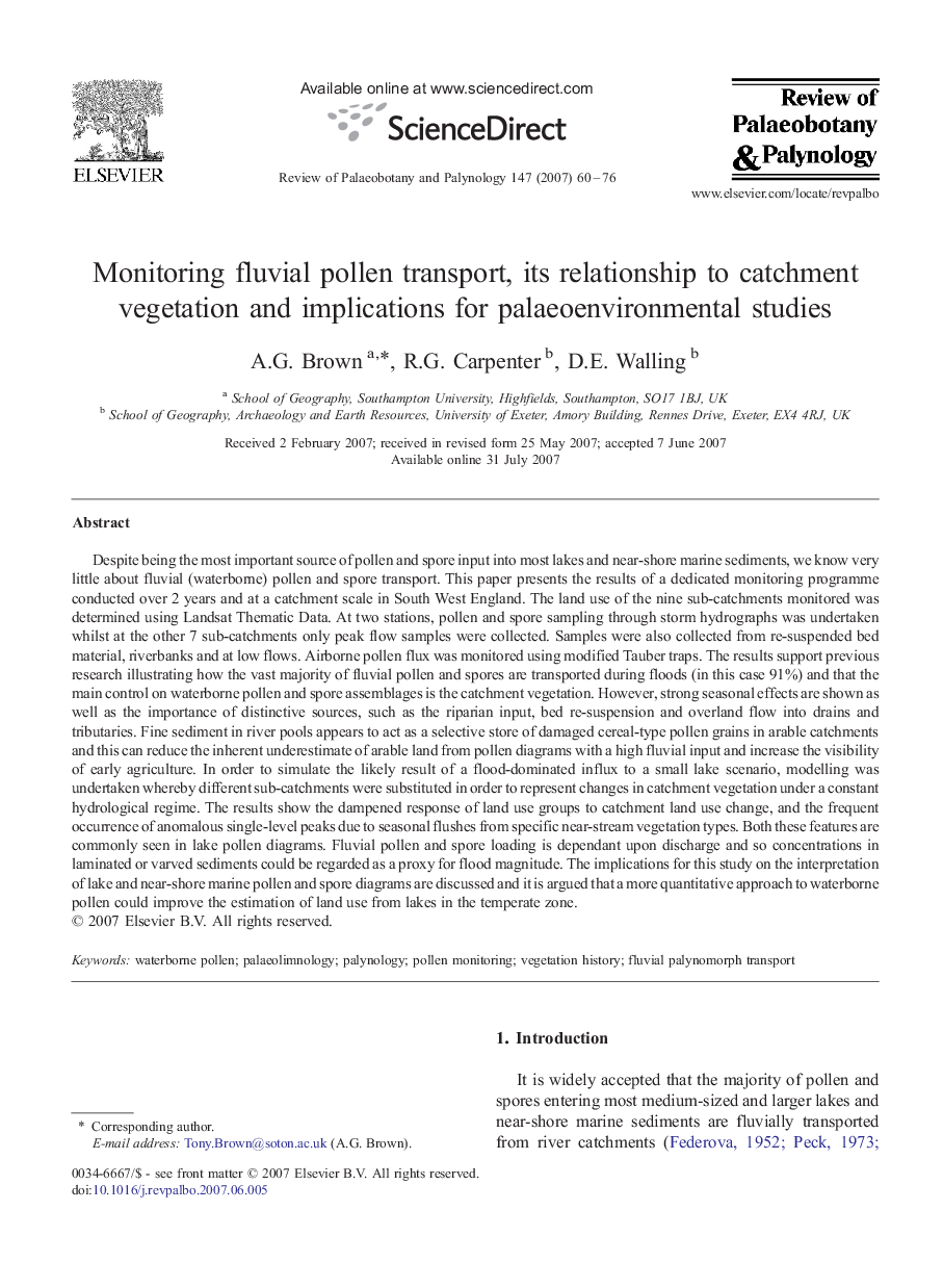 Monitoring fluvial pollen transport, its relationship to catchment vegetation and implications for palaeoenvironmental studies