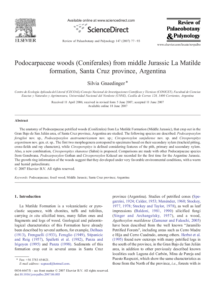 Podocarpaceae woods (Coniferales) from middle Jurassic La Matilde formation, Santa Cruz province, Argentina