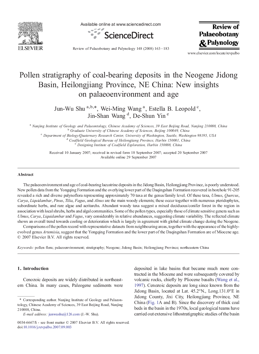 Pollen stratigraphy of coal-bearing deposits in the Neogene Jidong Basin, Heilongjiang Province, NE China: New insights on palaeoenvironment and age