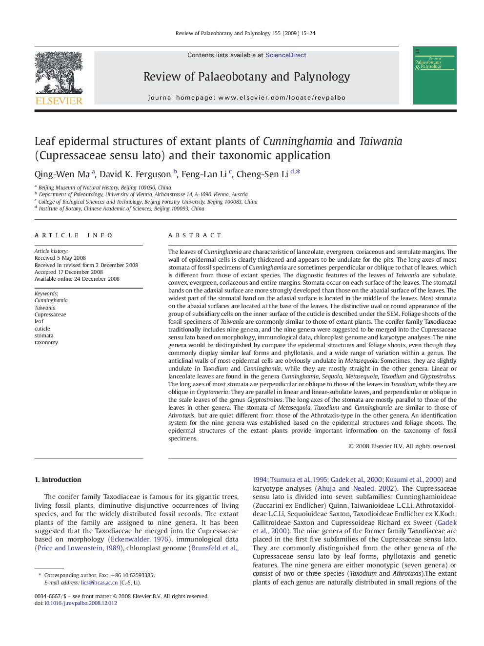 Leaf epidermal structures of extant plants of Cunninghamia and Taiwania (Cupressaceae sensu lato) and their taxonomic application