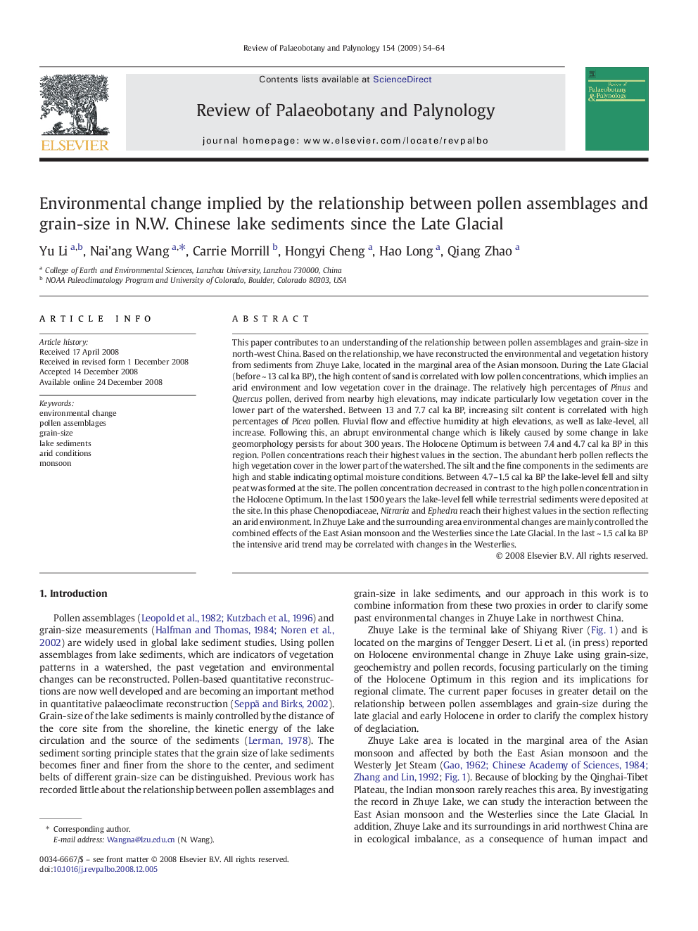 Environmental change implied by the relationship between pollen assemblages and grain-size in N.W. Chinese lake sediments since the Late Glacial