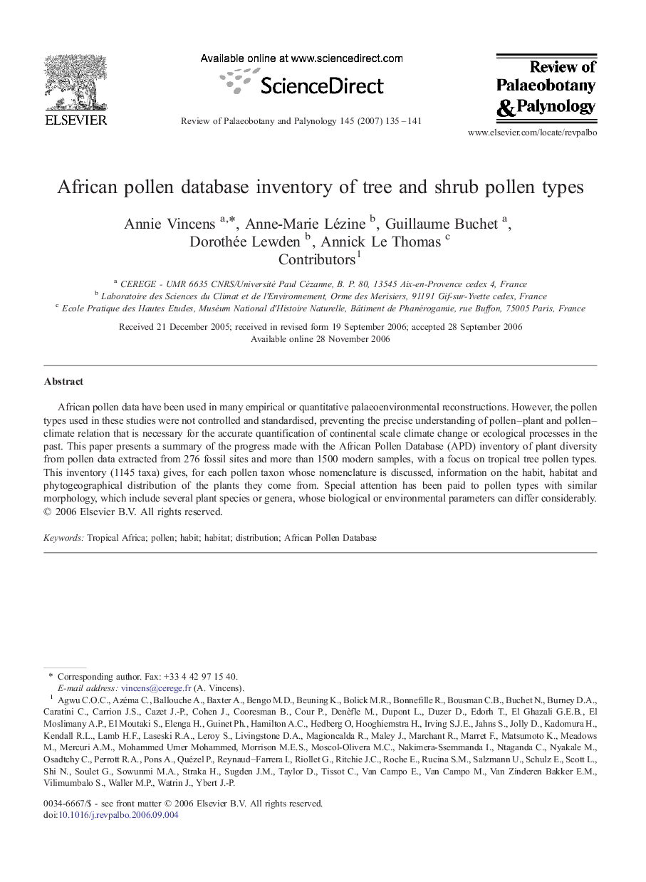 African pollen database inventory of tree and shrub pollen types