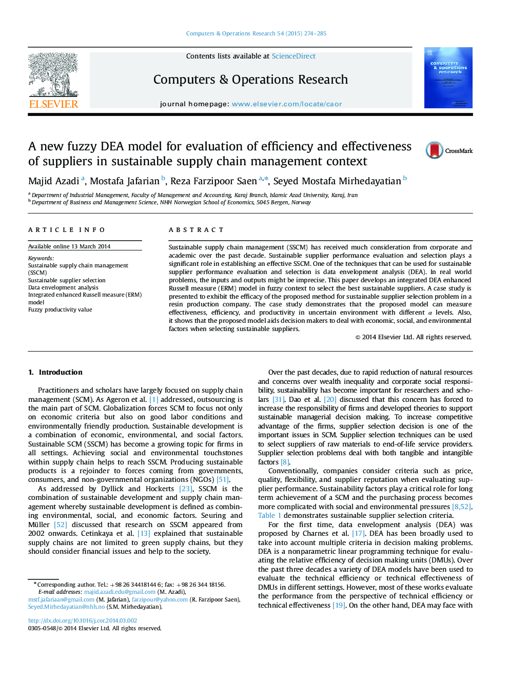 A new fuzzy DEA model for evaluation of efficiency and effectiveness of suppliers in sustainable supply chain management context