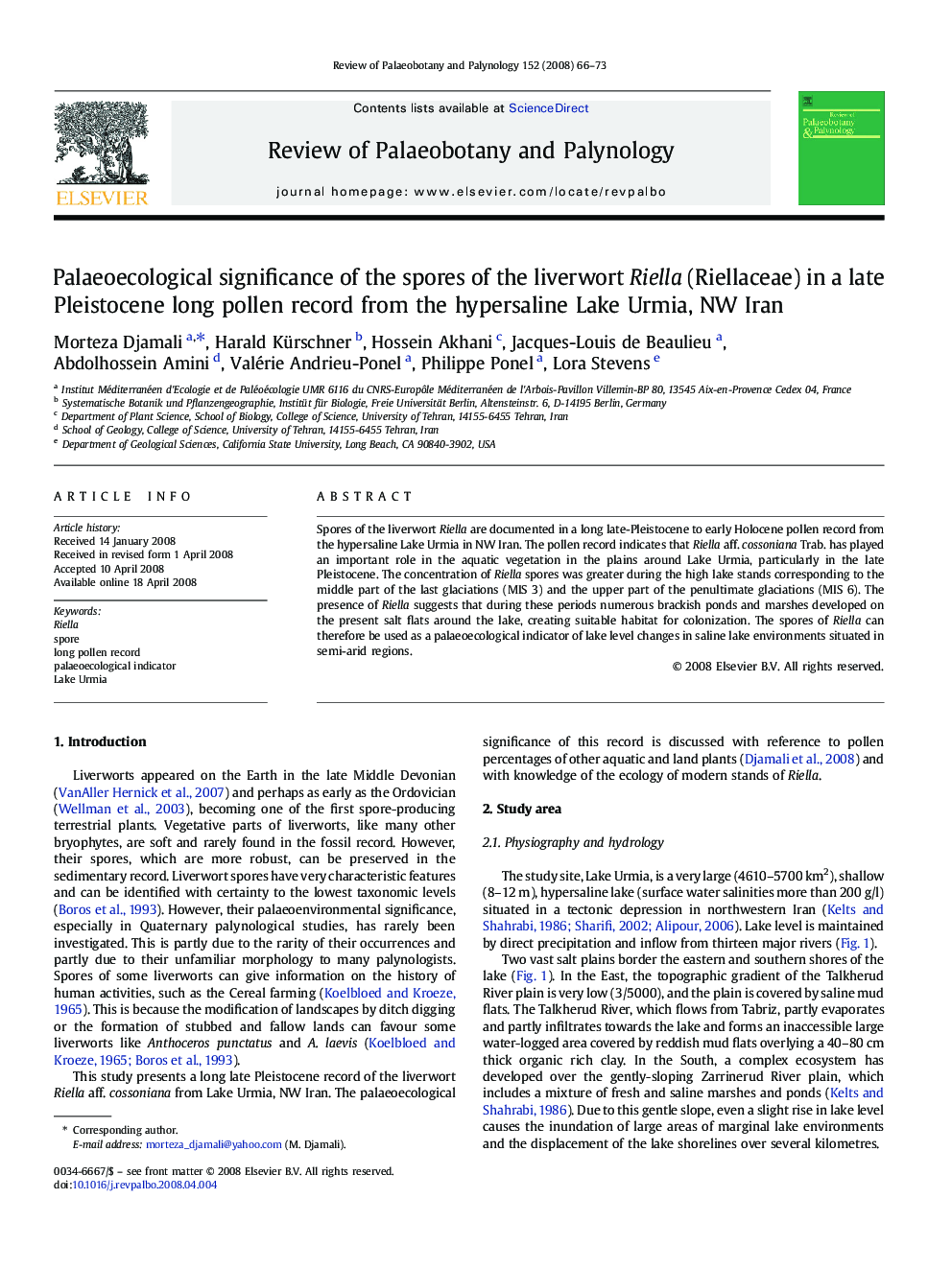 Palaeoecological significance of the spores of the liverwort Riella (Riellaceae) in a late Pleistocene long pollen record from the hypersaline Lake Urmia, NW Iran