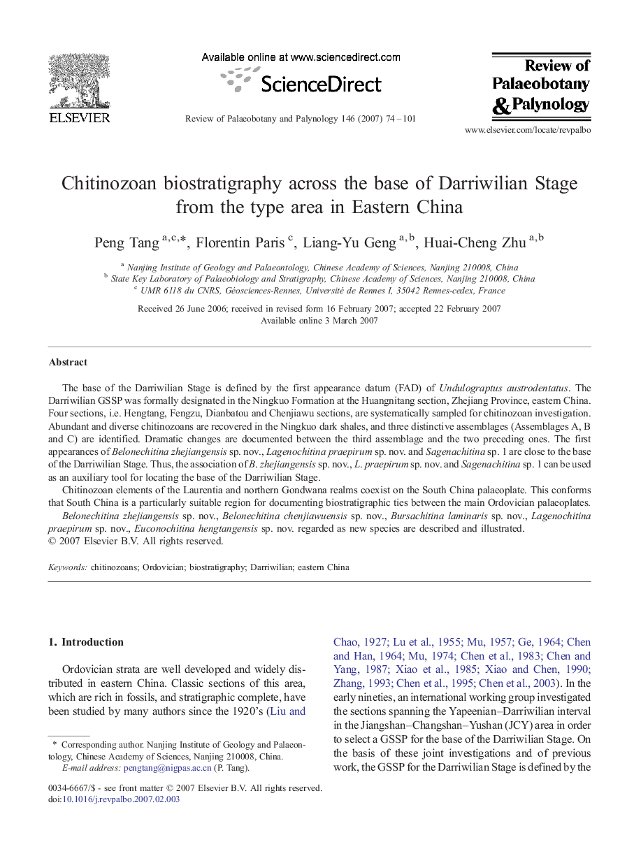 Chitinozoan biostratigraphy across the base of Darriwilian Stage from the type area in Eastern China