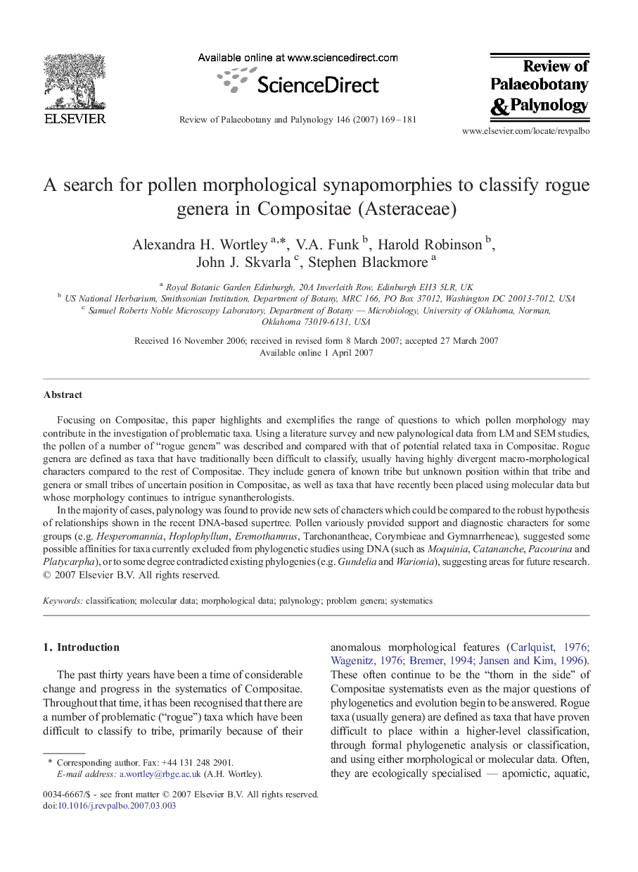 A search for pollen morphological synapomorphies to classify rogue genera in Compositae (Asteraceae)