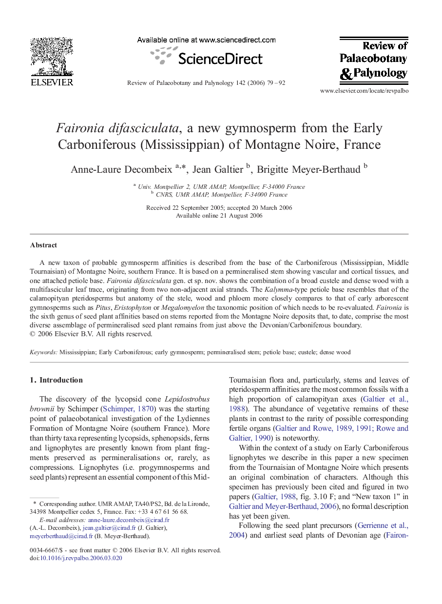 Faironia difasciculata, a new gymnosperm from the Early Carboniferous (Mississippian) of Montagne Noire, France