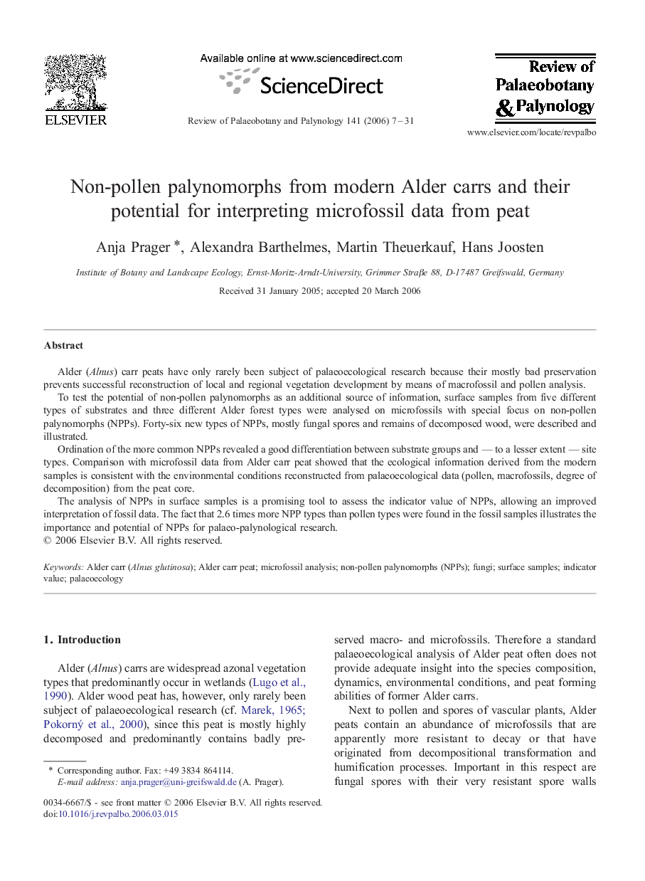 Non-pollen palynomorphs from modern Alder carrs and their potential for interpreting microfossil data from peat