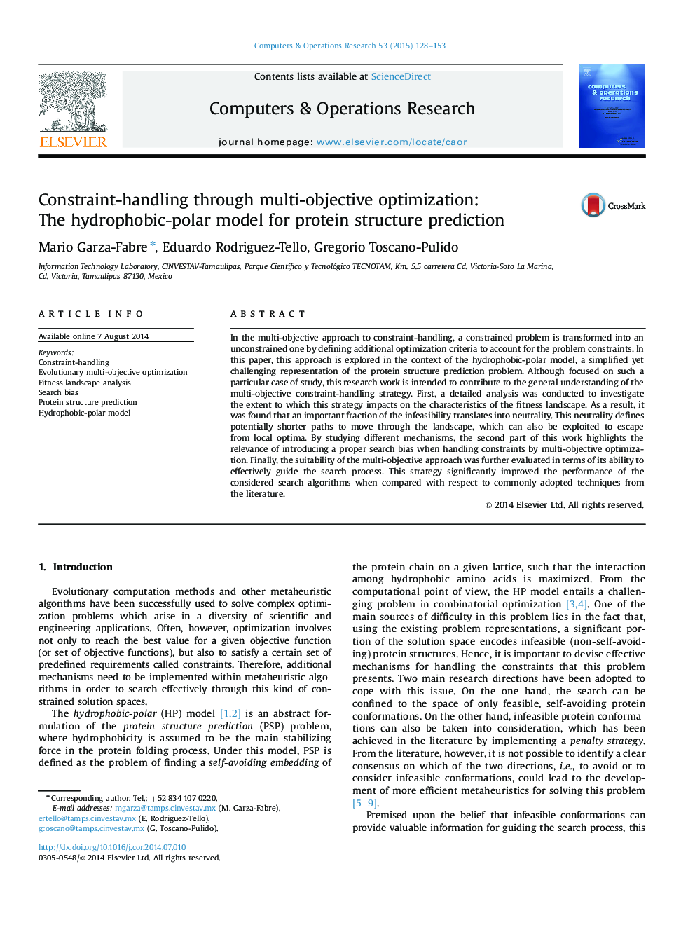 Constraint-handling through multi-objective optimization: The hydrophobic-polar model for protein structure prediction