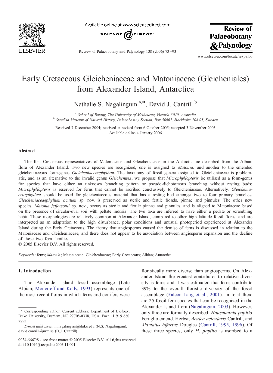 Early Cretaceous Gleicheniaceae and Matoniaceae (Gleicheniales) from Alexander Island, Antarctica