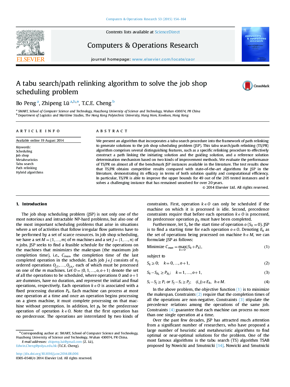 A tabu search/path relinking algorithm to solve the job shop scheduling problem