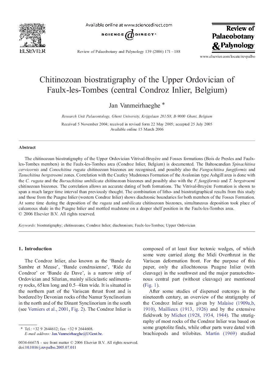 Chitinozoan biostratigraphy of the Upper Ordovician of Faulx-les-Tombes (central Condroz Inlier, Belgium)