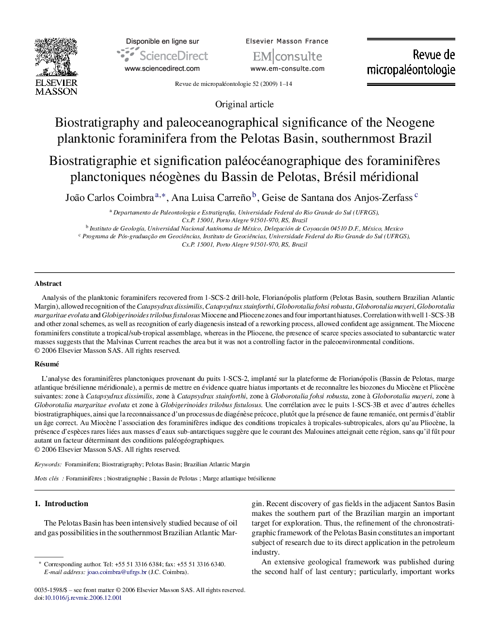 Biostratigraphy and paleoceanographical significance of the Neogene planktonic foraminifera from the Pelotas Basin, southernmost Brazil