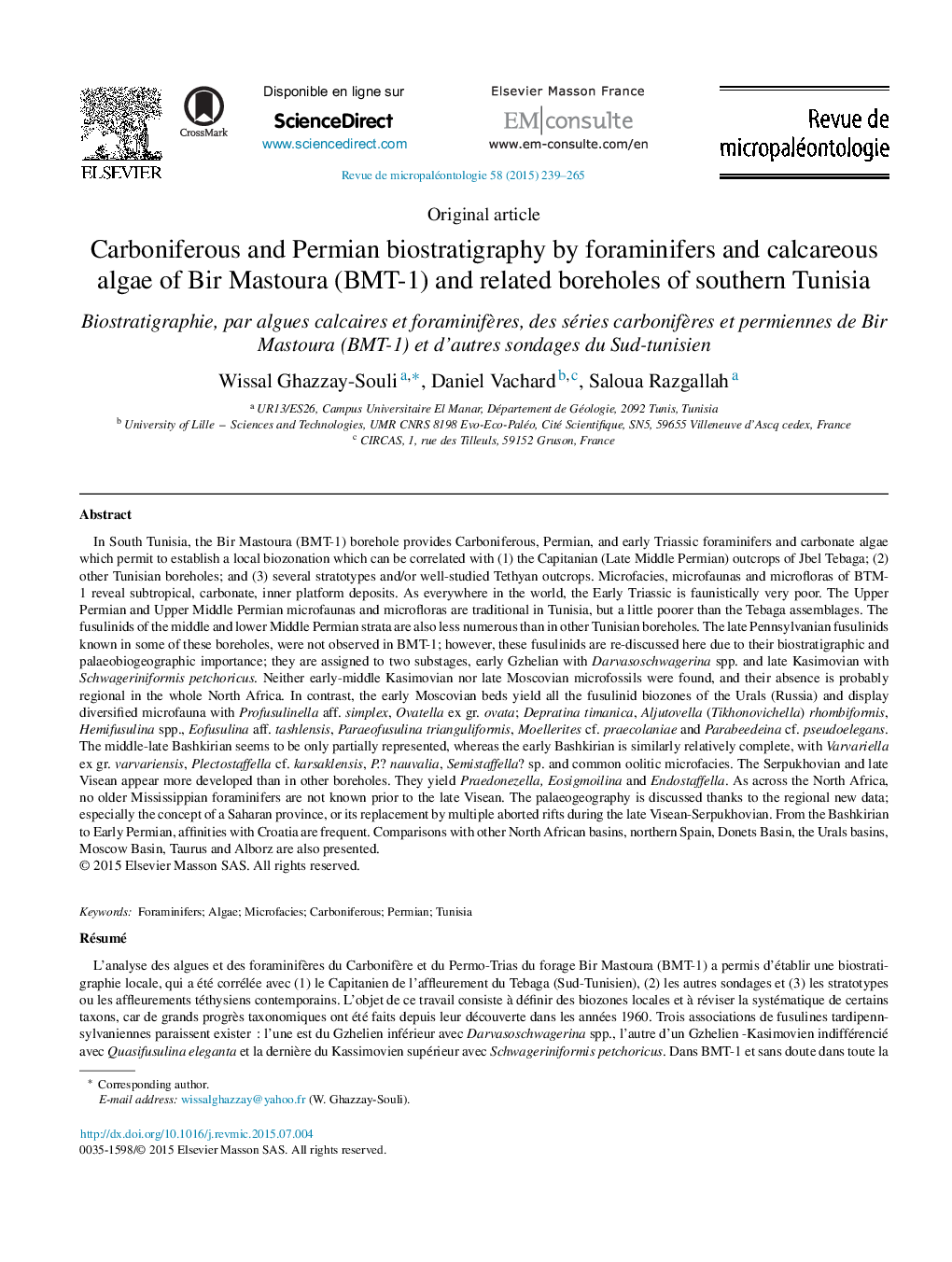 Carboniferous and Permian biostratigraphy by foraminifers and calcareous algae of Bir Mastoura (BMT-1) and related boreholes of southern Tunisia