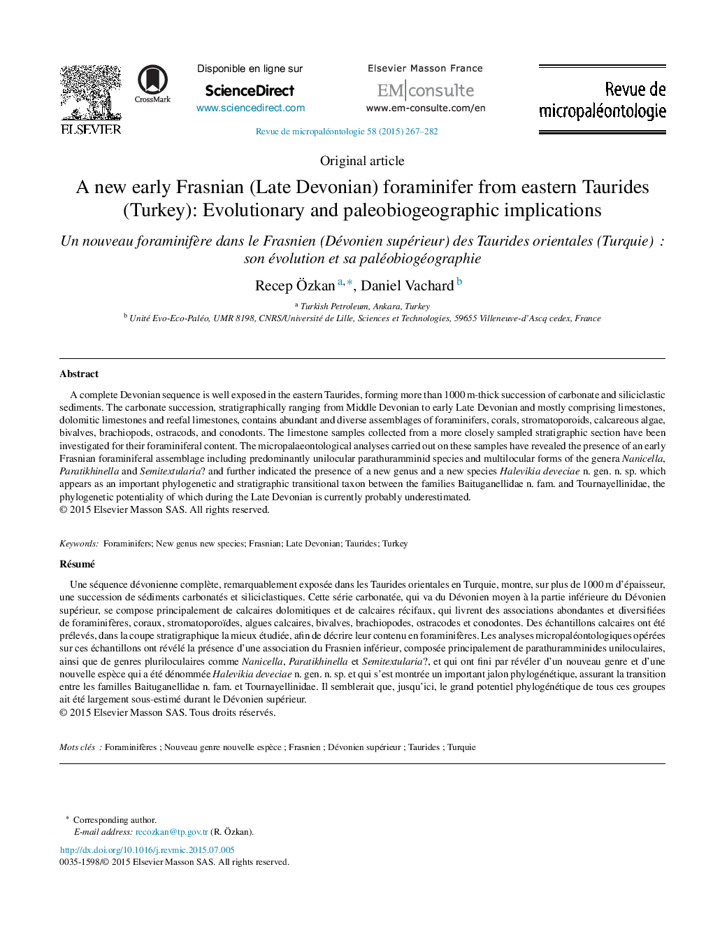 A new early Frasnian (Late Devonian) foraminifer from eastern Taurides (Turkey): Evolutionary and paleobiogeographic implications