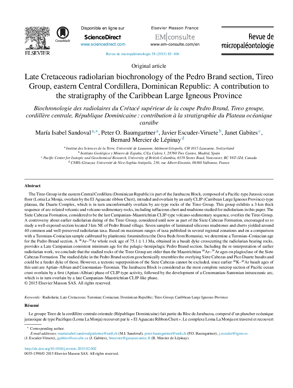 Late Cretaceous radiolarian biochronology of the Pedro Brand section, Tireo Group, eastern Central Cordillera, Dominican Republic: A contribution to the stratigraphy of the Caribbean Large Igneous Province