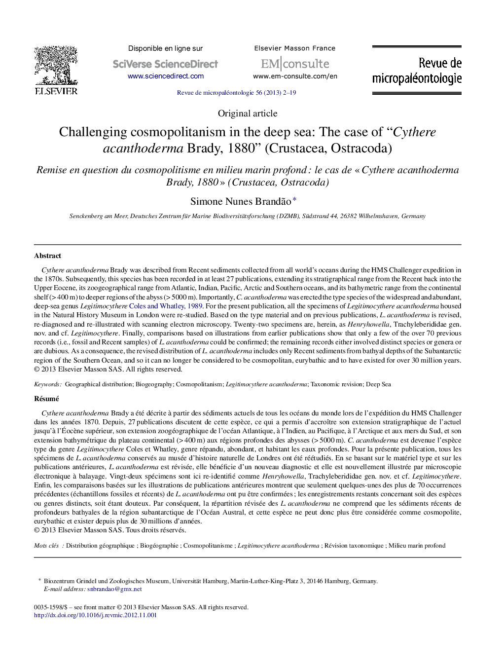 عکس صفحه اول مقاله: Challenging cosmopolitanism in the deep sea: The case of “Cythere acanthoderma Brady, 1880” (Crustacea, Ostracoda) Challenging cosmopolitanism in the deep sea: The case of “Cythere acanthoderma Brady, 1880” (Crustacea, Ostracoda)