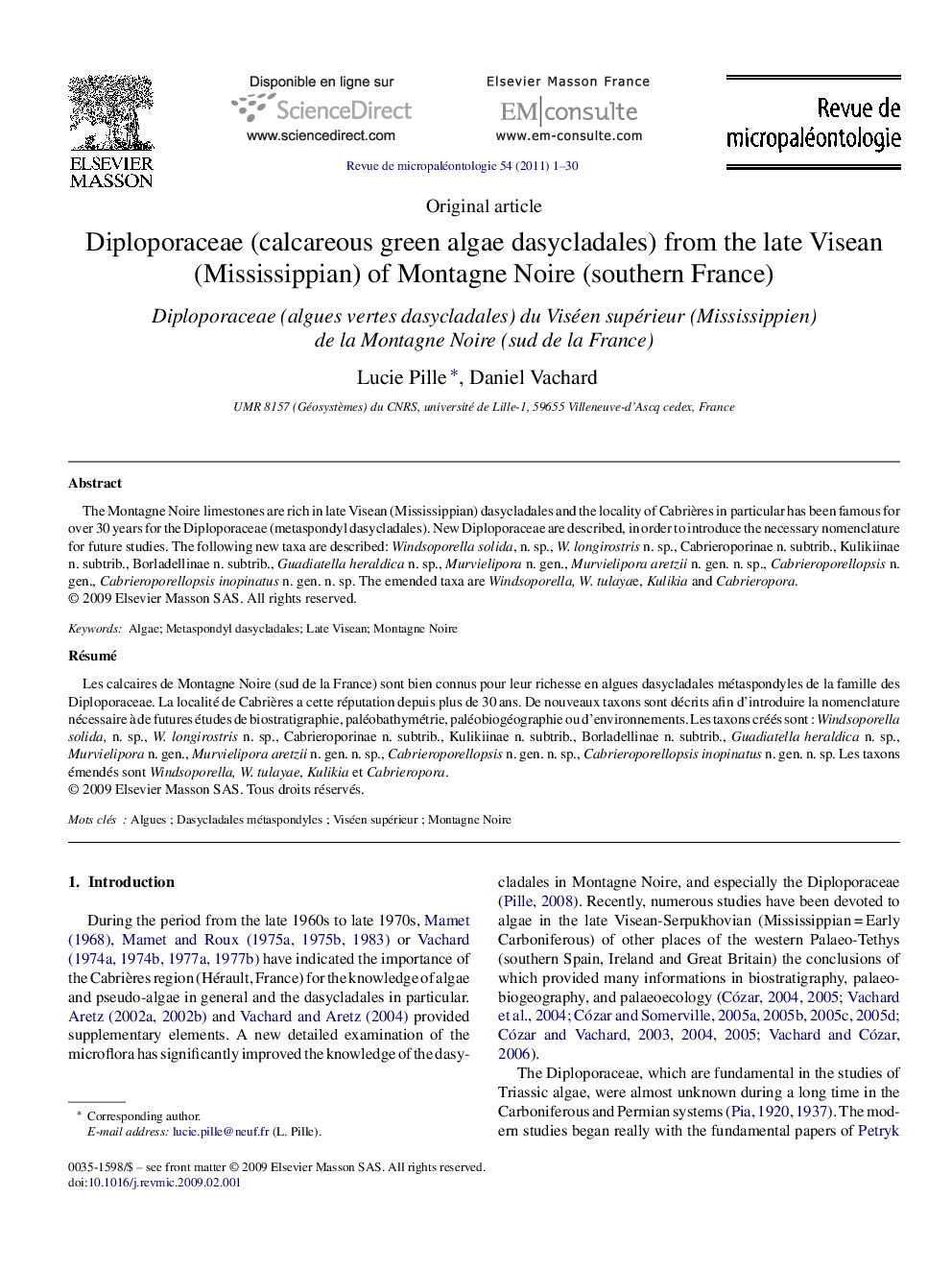 Diploporaceae (calcareous green algae dasycladales) from the late Visean (Mississippian) of Montagne Noire (southern France)