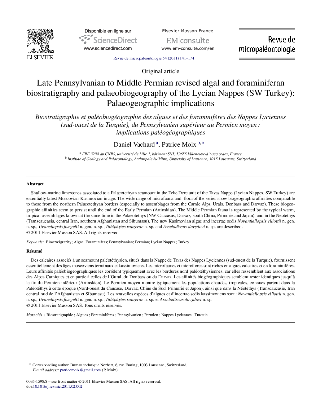 Late Pennsylvanian to Middle Permian revised algal and foraminiferan biostratigraphy and palaeobiogeography of the Lycian Nappes (SW Turkey): Palaeogeographic implications