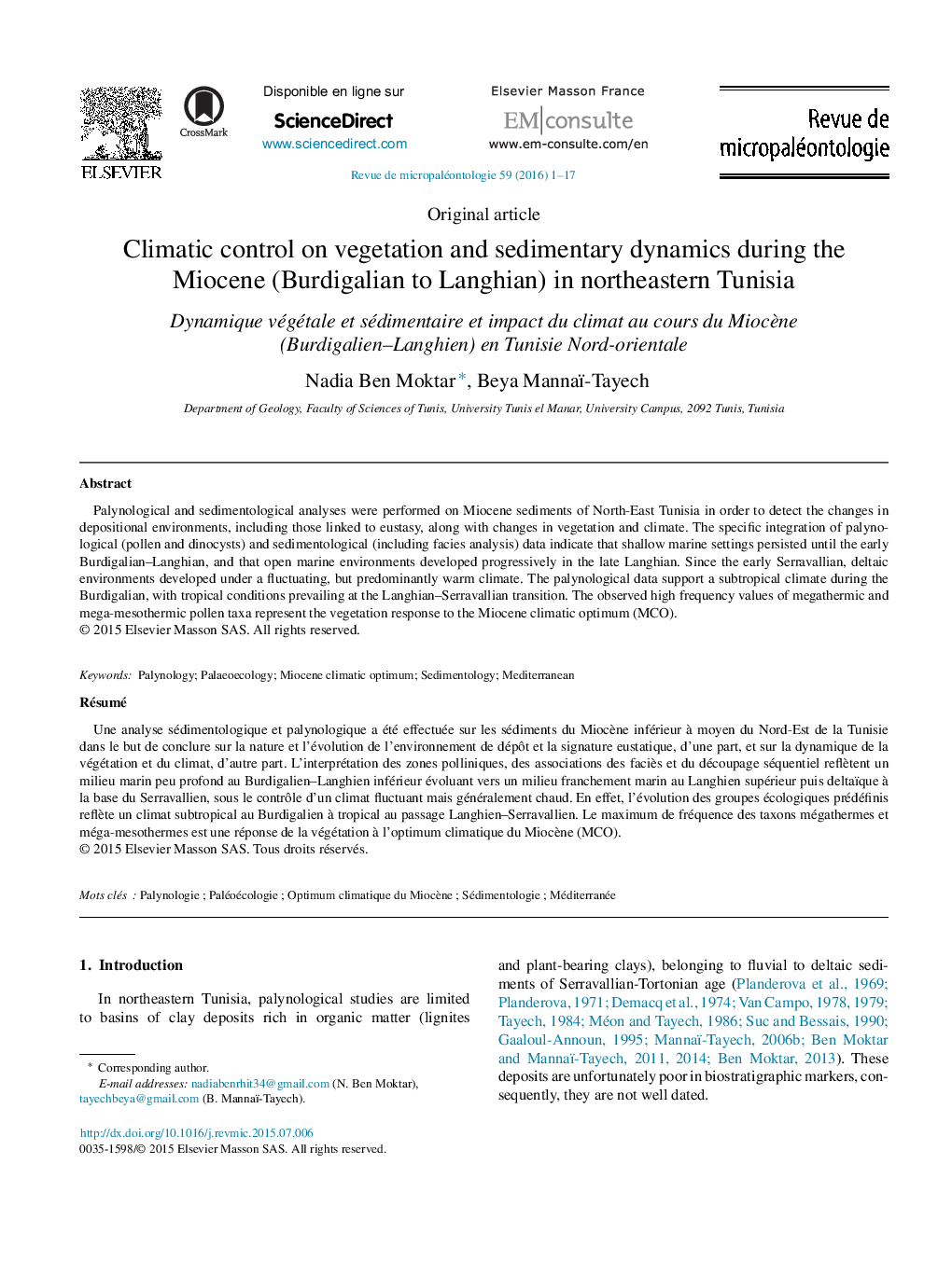 Climatic control on vegetation and sedimentary dynamics during the Miocene (Burdigalian to Langhian) in northeastern Tunisia