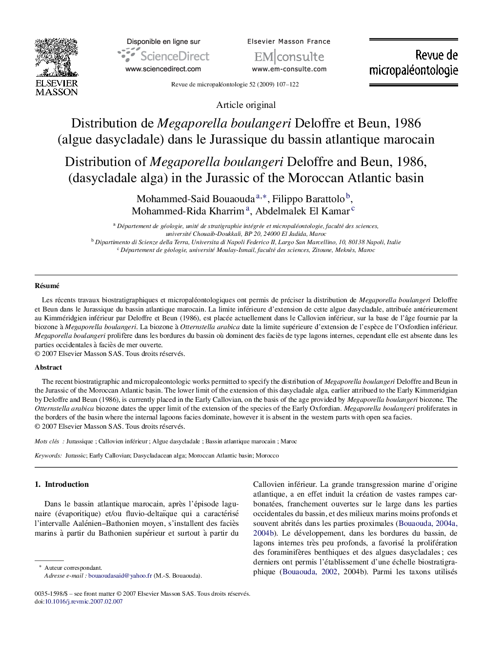 Distribution de Megaporellaboulangeri Deloffre et Beun, 1986 (algue dasycladale) dans le Jurassique du bassin atlantique marocain