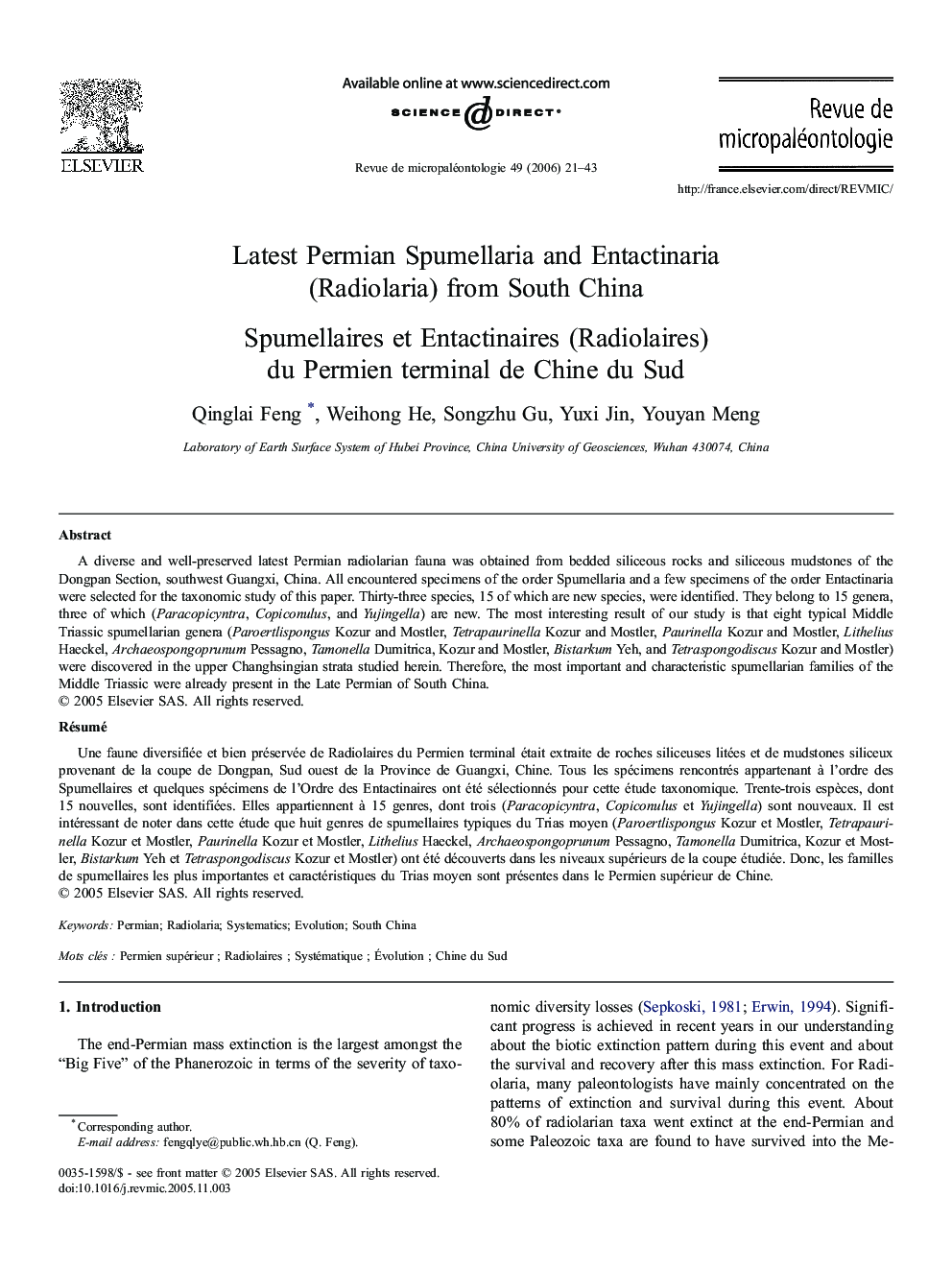 Latest Permian Spumellaria and Entactinaria (Radiolaria) from South China