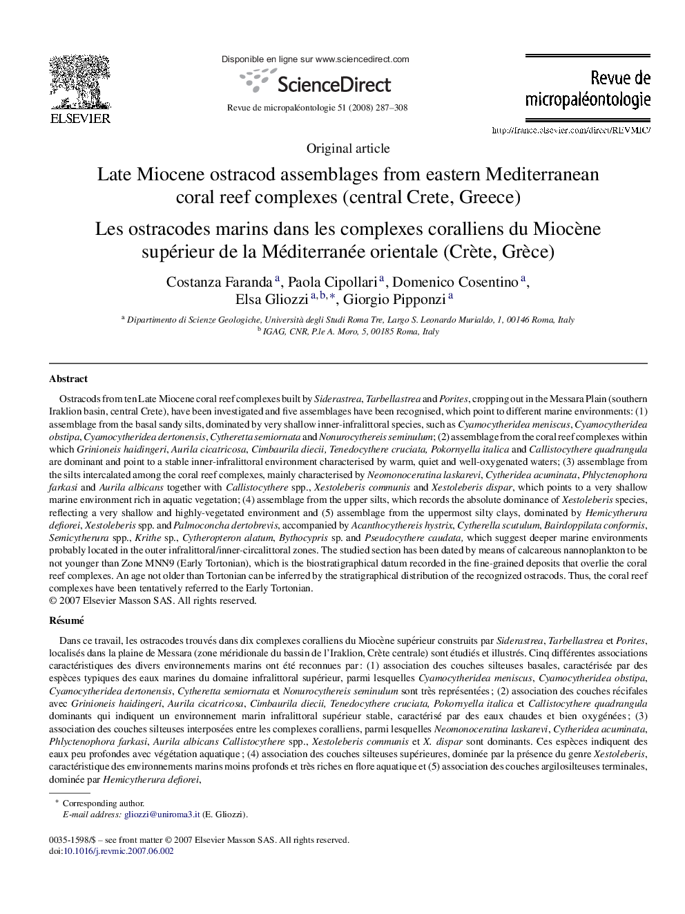 Late Miocene ostracod assemblages from eastern Mediterranean coral reef complexes (central Crete, Greece)