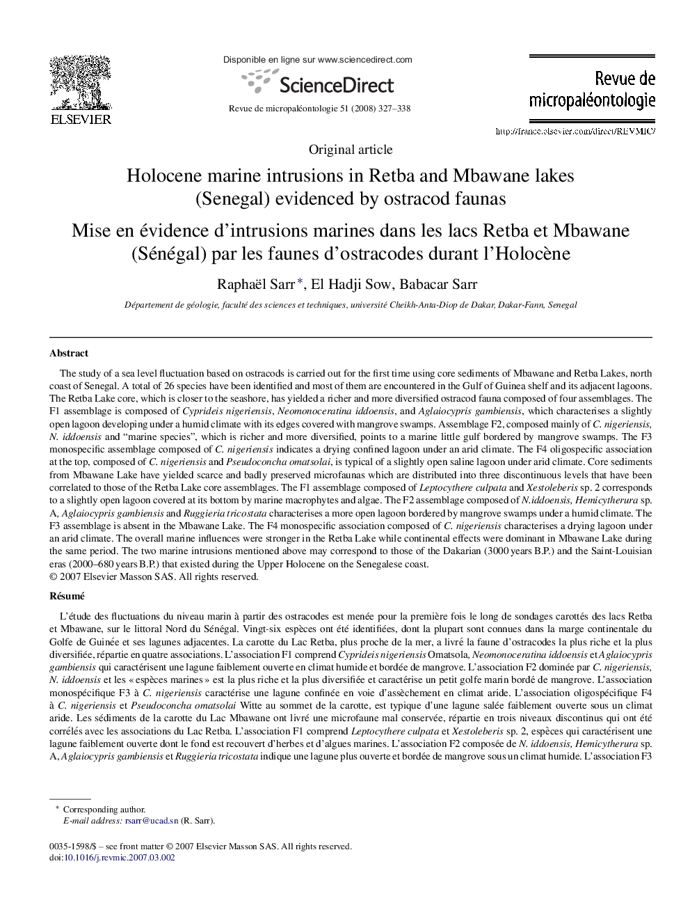 Holocene marine intrusions in Retba and Mbawane lakes (Senegal) evidenced by ostracod faunas