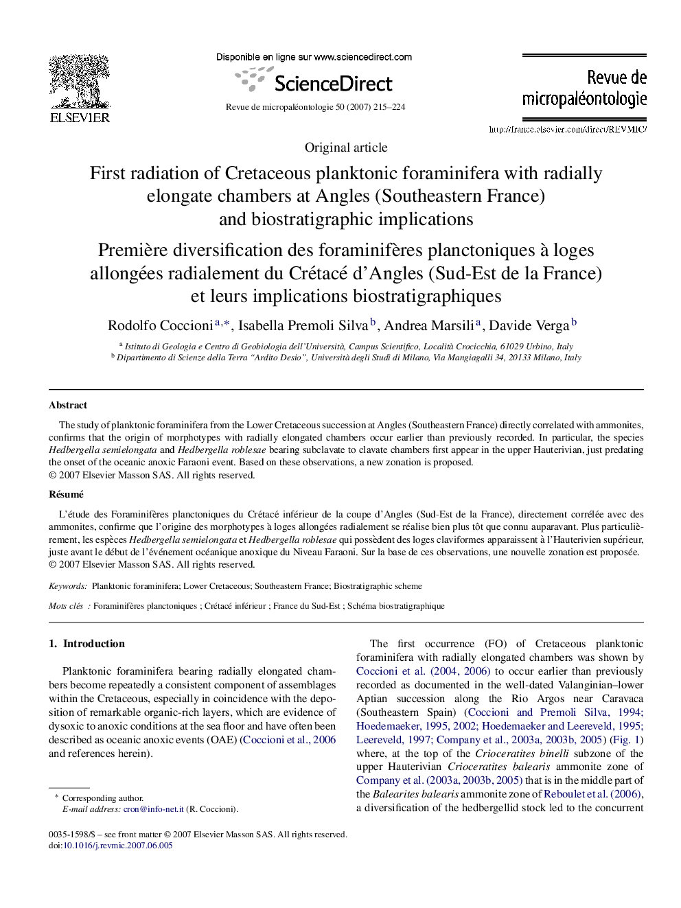 First radiation of Cretaceous planktonic foraminifera with radially elongate chambers at Angles (Southeastern France) and biostratigraphic implications